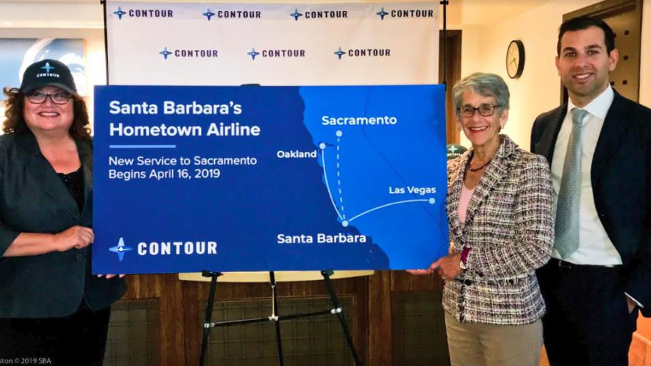 Santa Barbara Mayor Cathy Murillo, Calif. State Senator Hannah-Beth Jackson and Contour Airlines CEO Matt Chaifetz. 